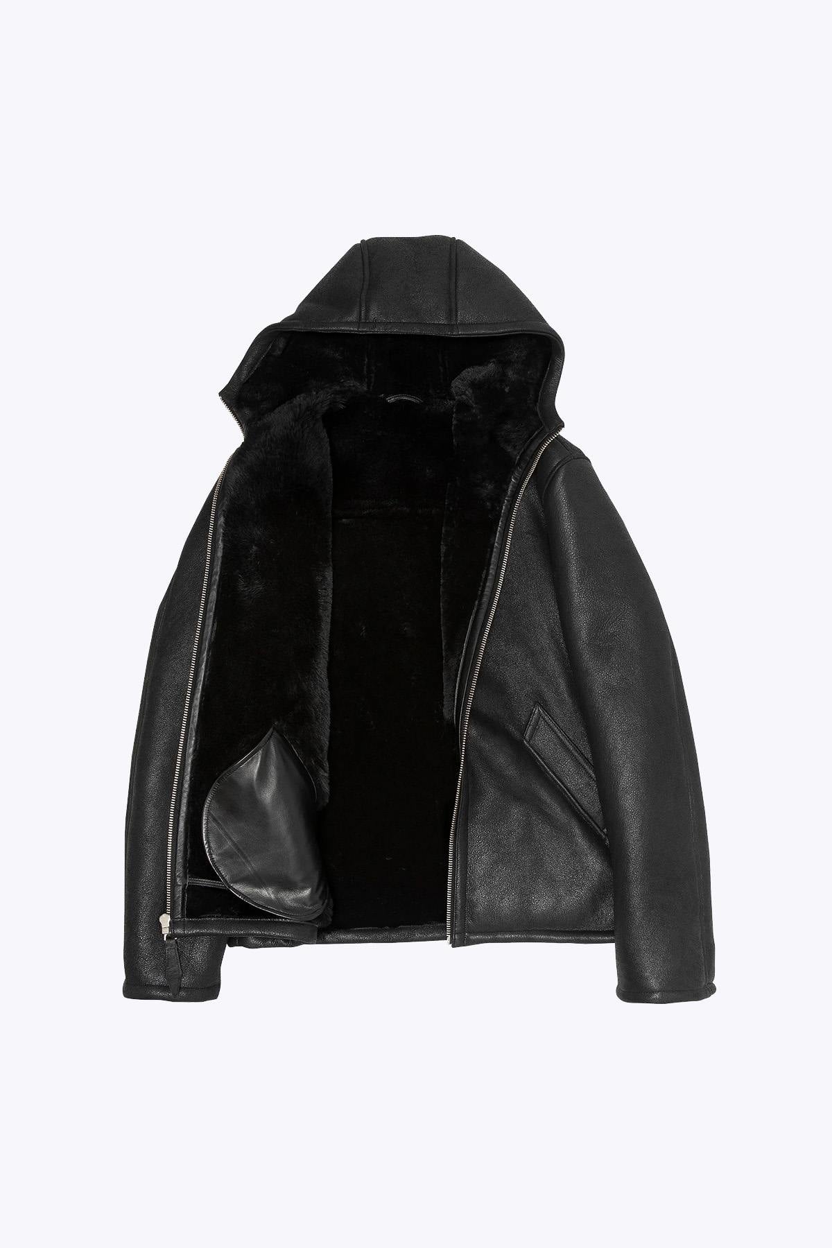 Warm reversed sheepskin bomber by Schott in matte black with a hood. - Image n°6