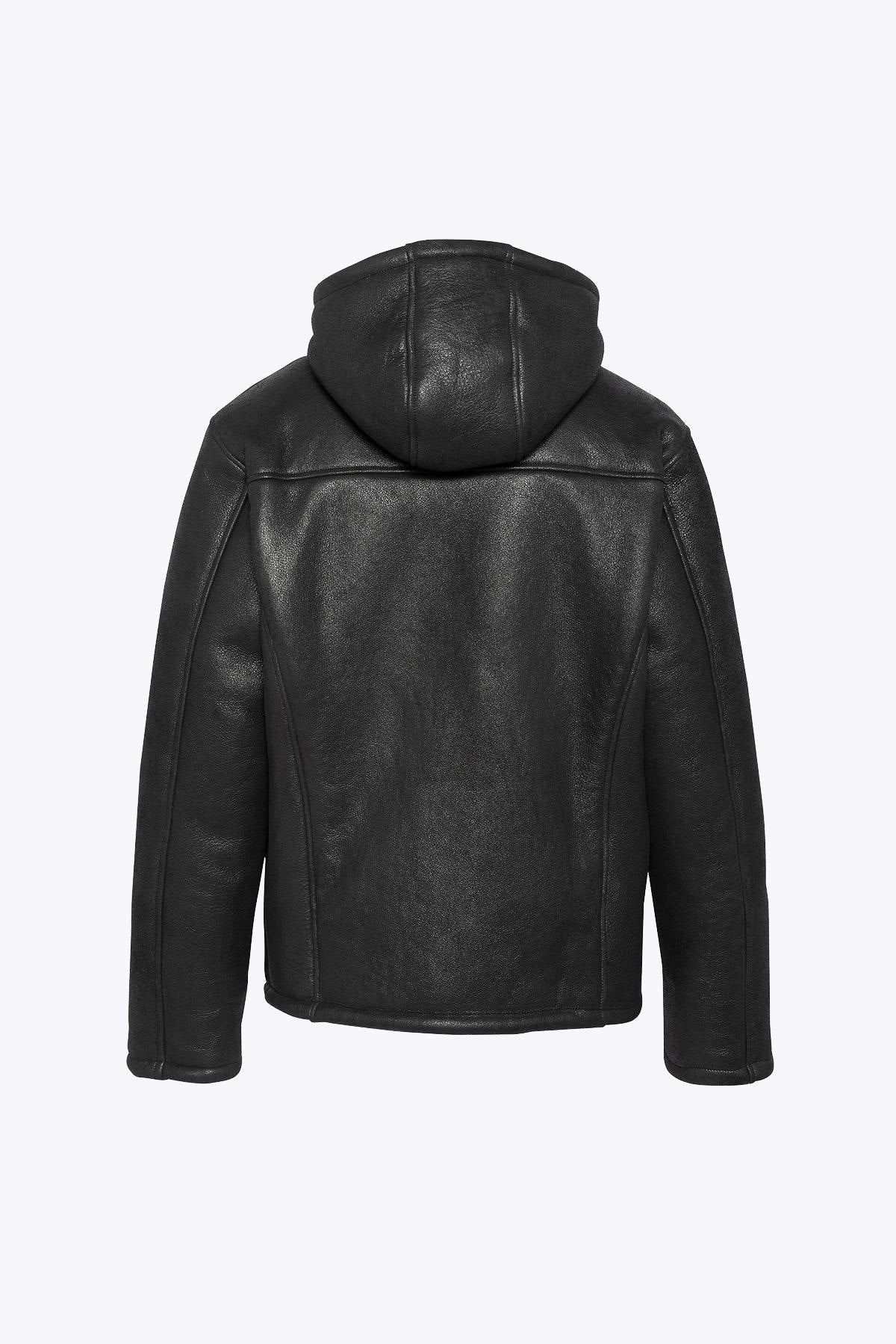 Warm reversed sheepskin bomber by Schott in matte black with a hood. - Image n°7