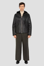 Warm reversed sheepskin bomber by Schott in matte black with a hood. - Image n°8