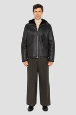 Warm reversed sheepskin bomber by Schott in matte black with a hood. - Image n°8