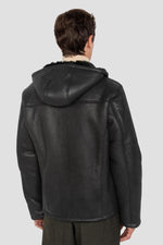 Warm reversed sheepskin bomber by Schott in matte black with a hood. - Image n°2
