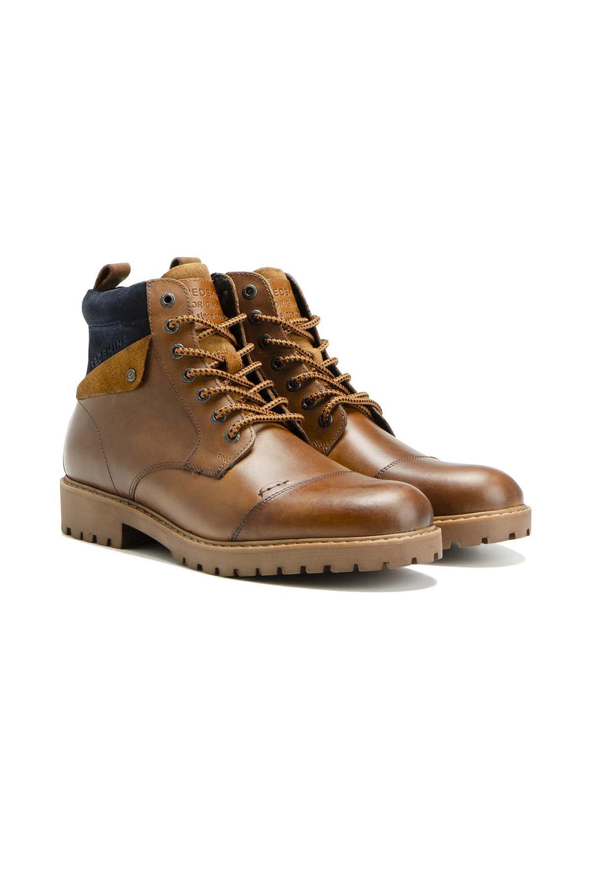 Cognac and navy leather lace-up boots - Image n°1
