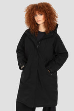 Black multi-pocket hooded parka with quilted nylon lining - Image n°1
