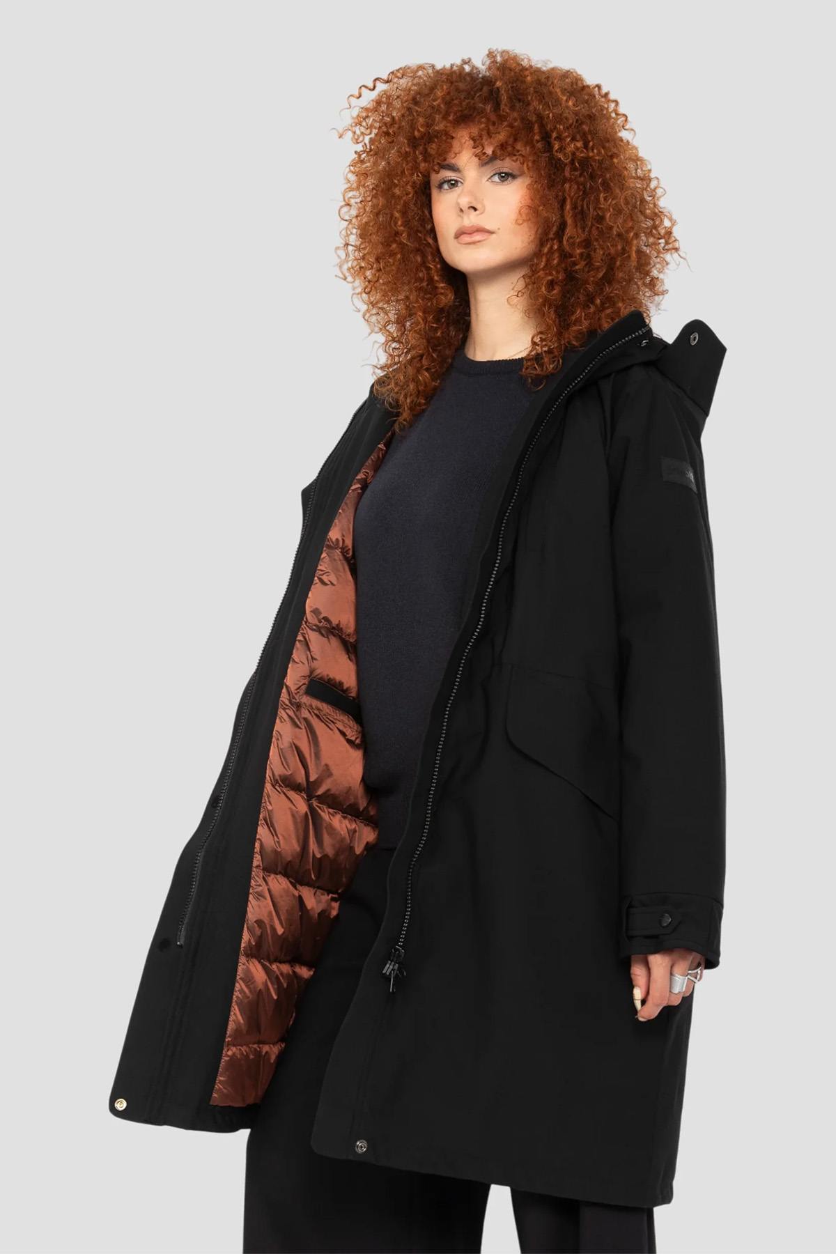 Black multi-pocket hooded parka with quilted nylon lining - Image n°2