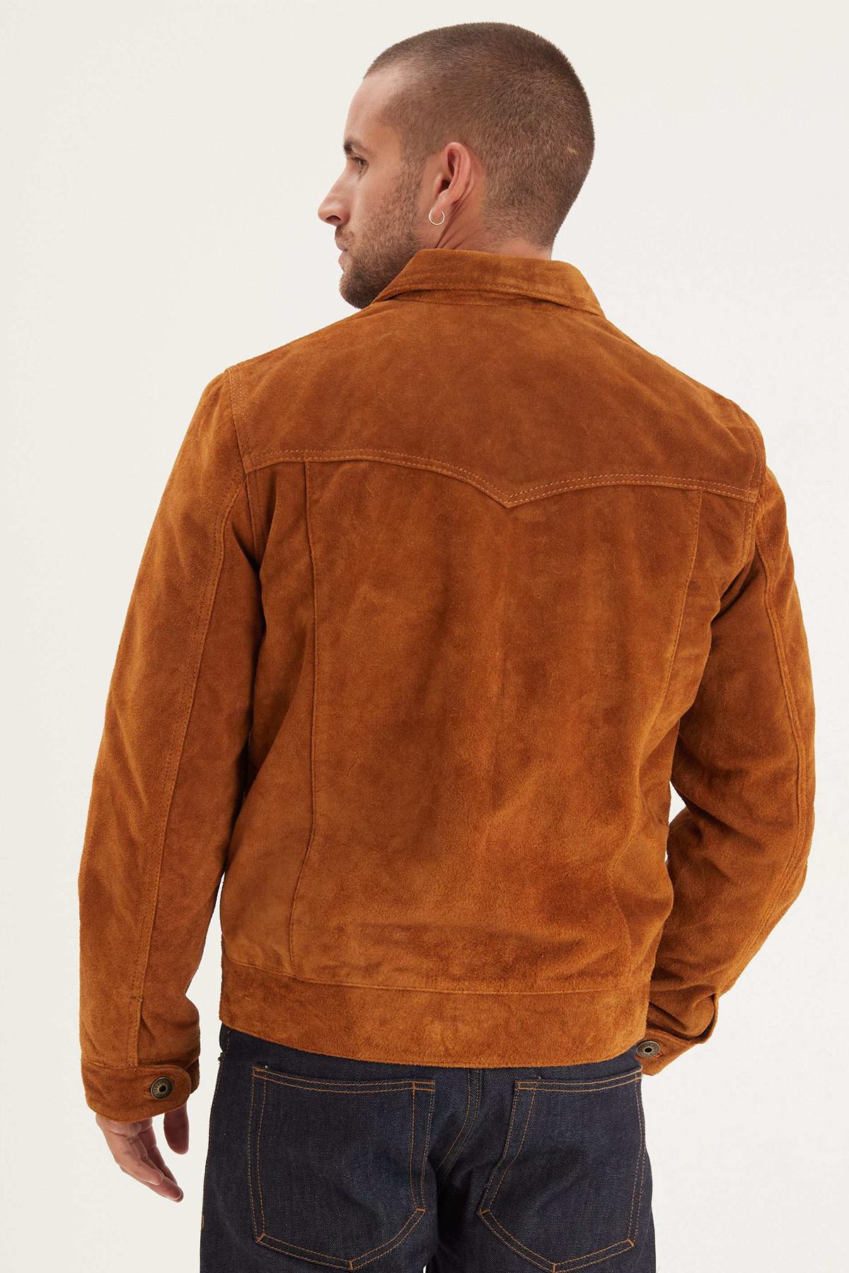 Cognac-colored buffalo suede leather jacket with shirt collar - Image n°2
