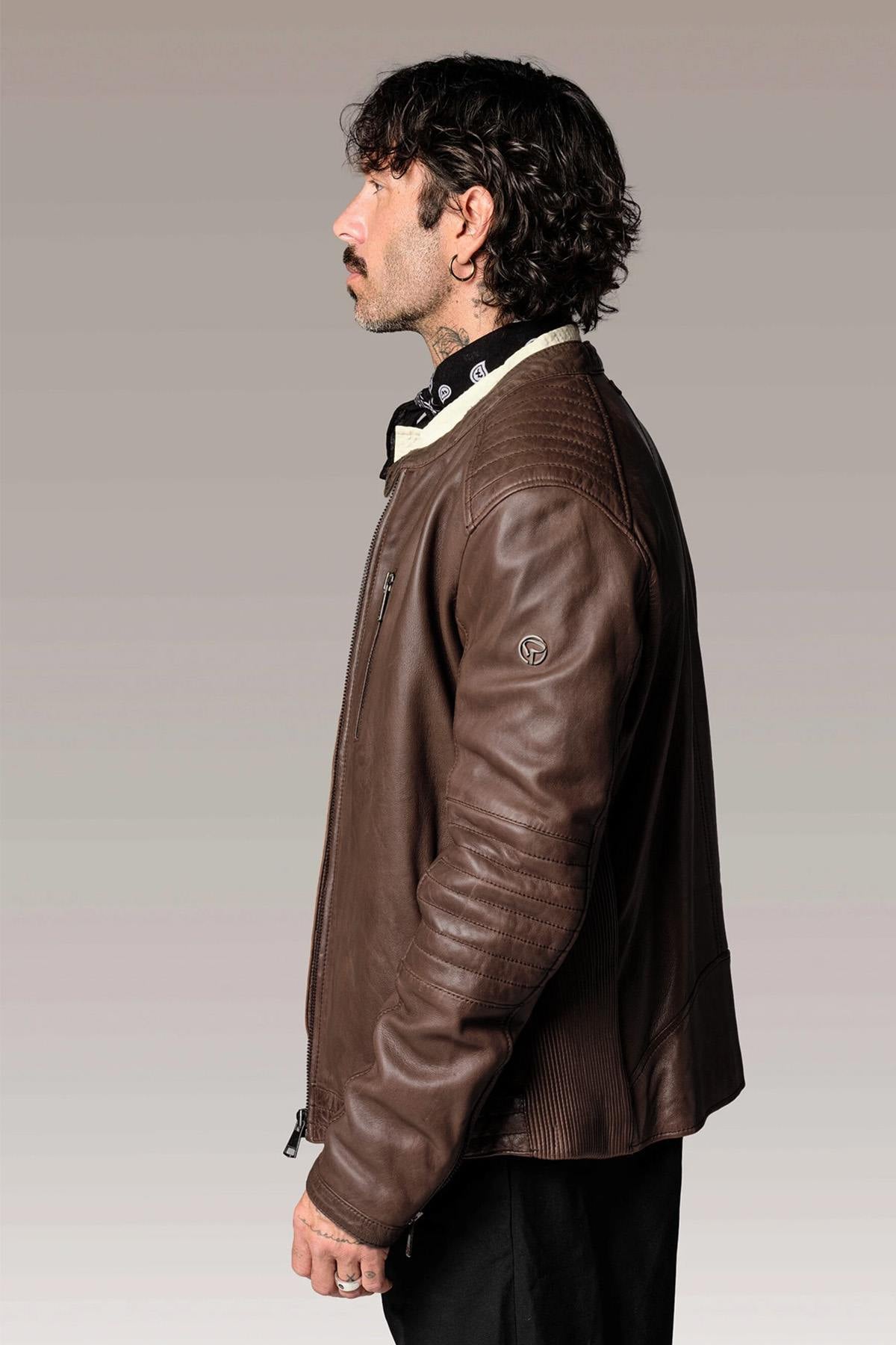 Brown sheepskin biker jacket with Mao collar and quilted detailing. - Image n°6
