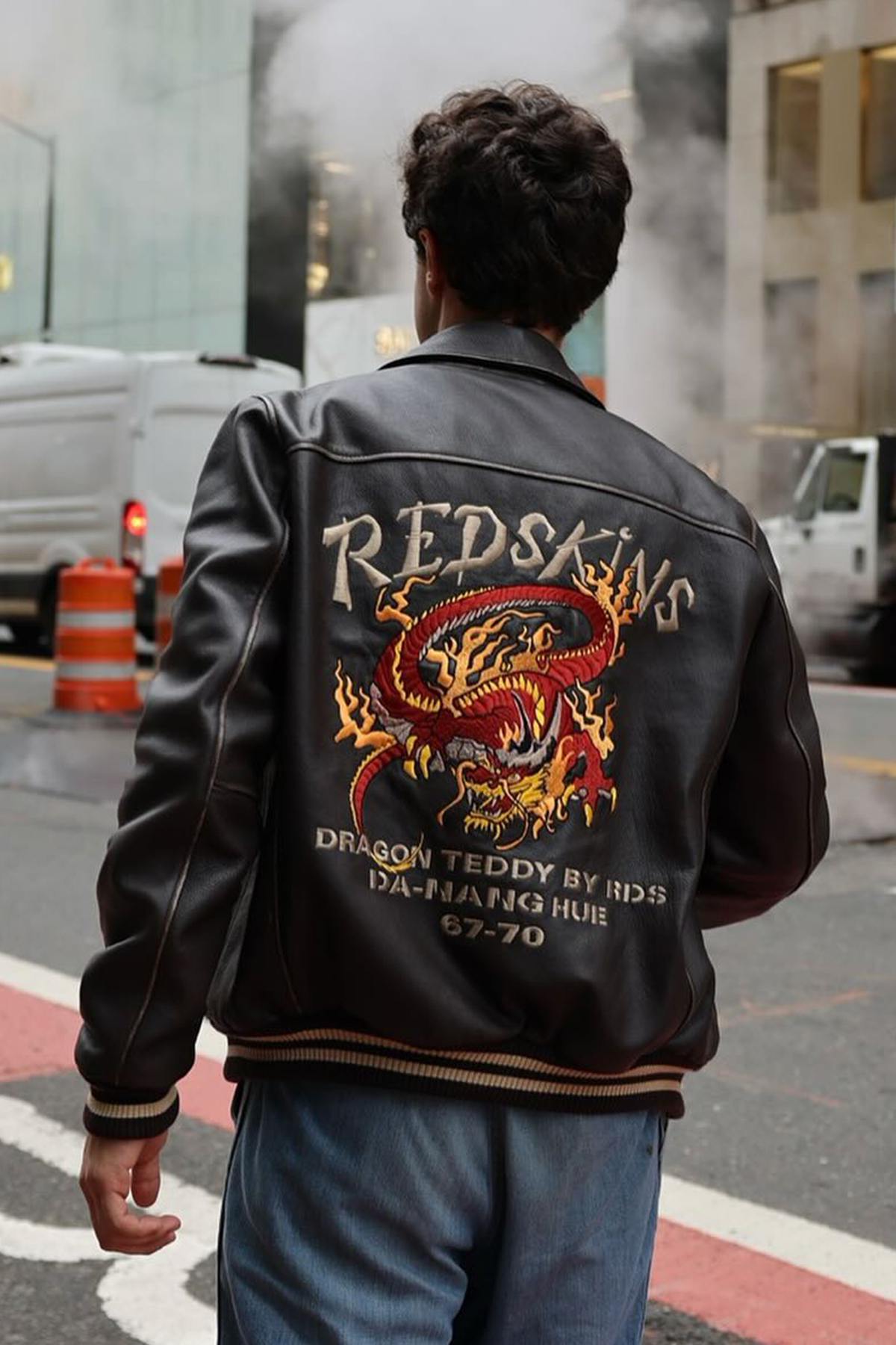 Oversized cowhide jacket with dragon embroidery and Redskins accents. - Image n°1