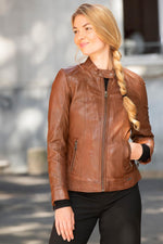 Skinny fit cognac leather biker collar jacket - Image n°3