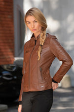 Cognac sheepskin jacket: motard collar, removable hood, slim fit. - Image n°6