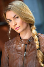 Skinny fit cognac leather biker collar jacket - Image n°4