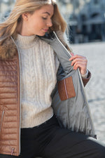 Cognac leather hooded down jacket with fur collar - Image n°5