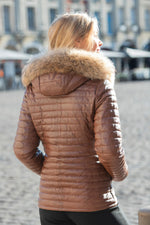 Cognac leather hooded down jacket with fur collar - Image n°2
