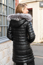 Black leather down jacket with silver fox fur collar hood - Image n°4