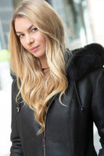 Women's black leather coat with fur hood - Image n°2