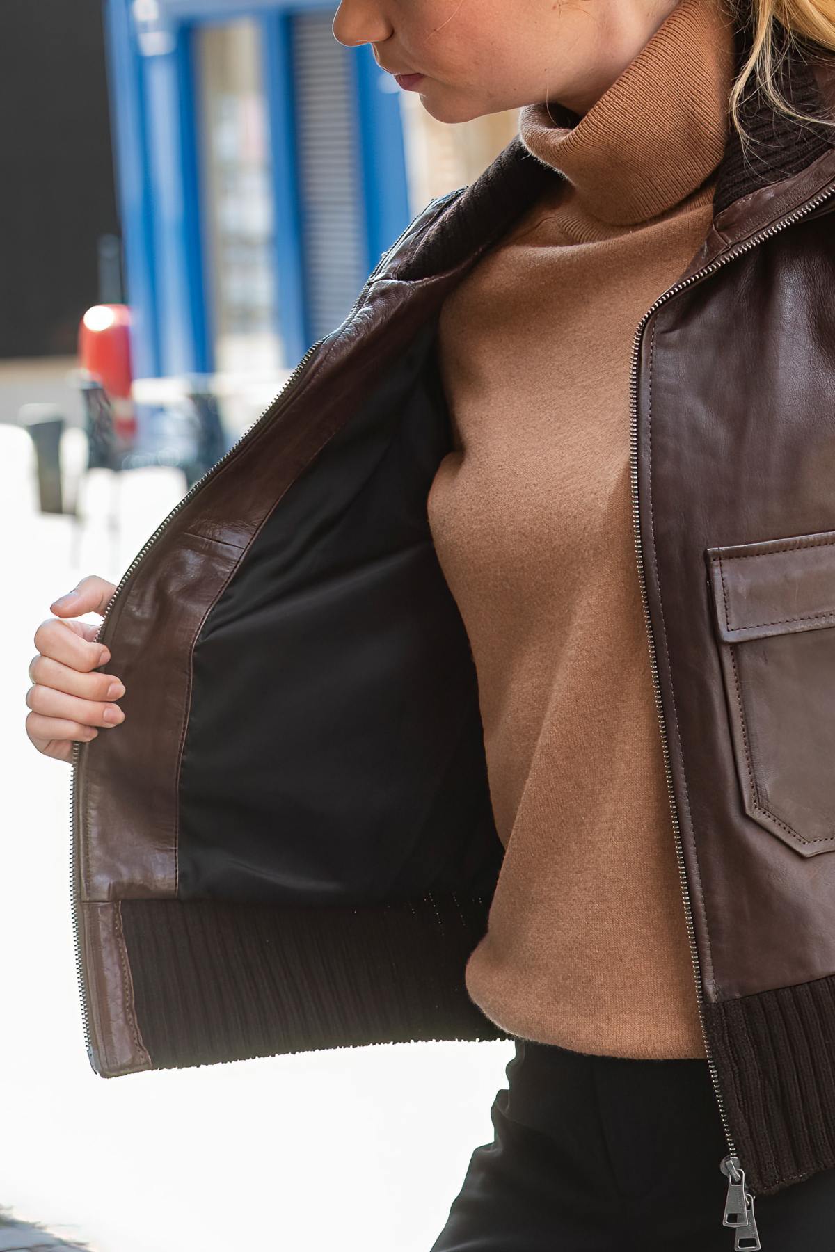 Chocolate brown double collar leather jacket - Image n°8