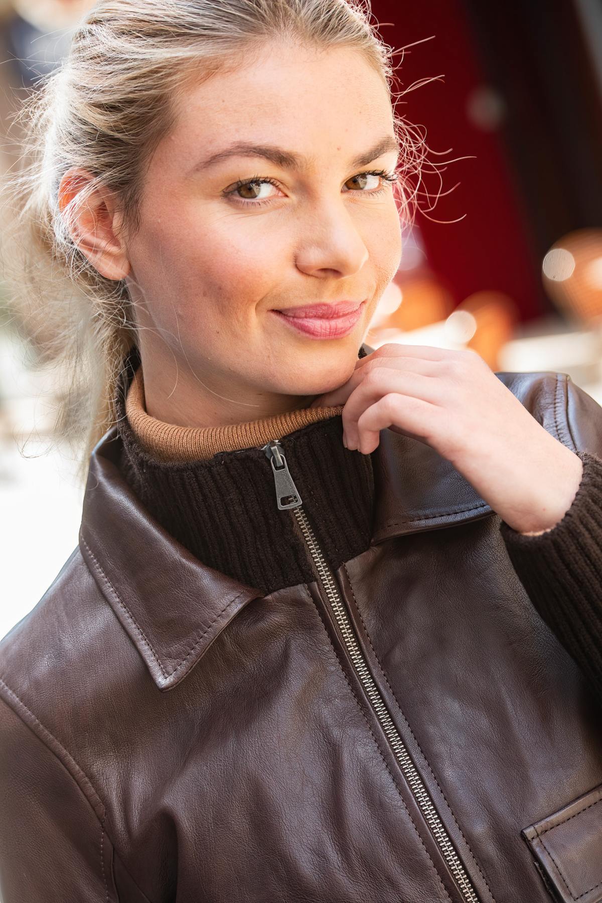 Chocolate brown double collar leather jacket - Image n°2