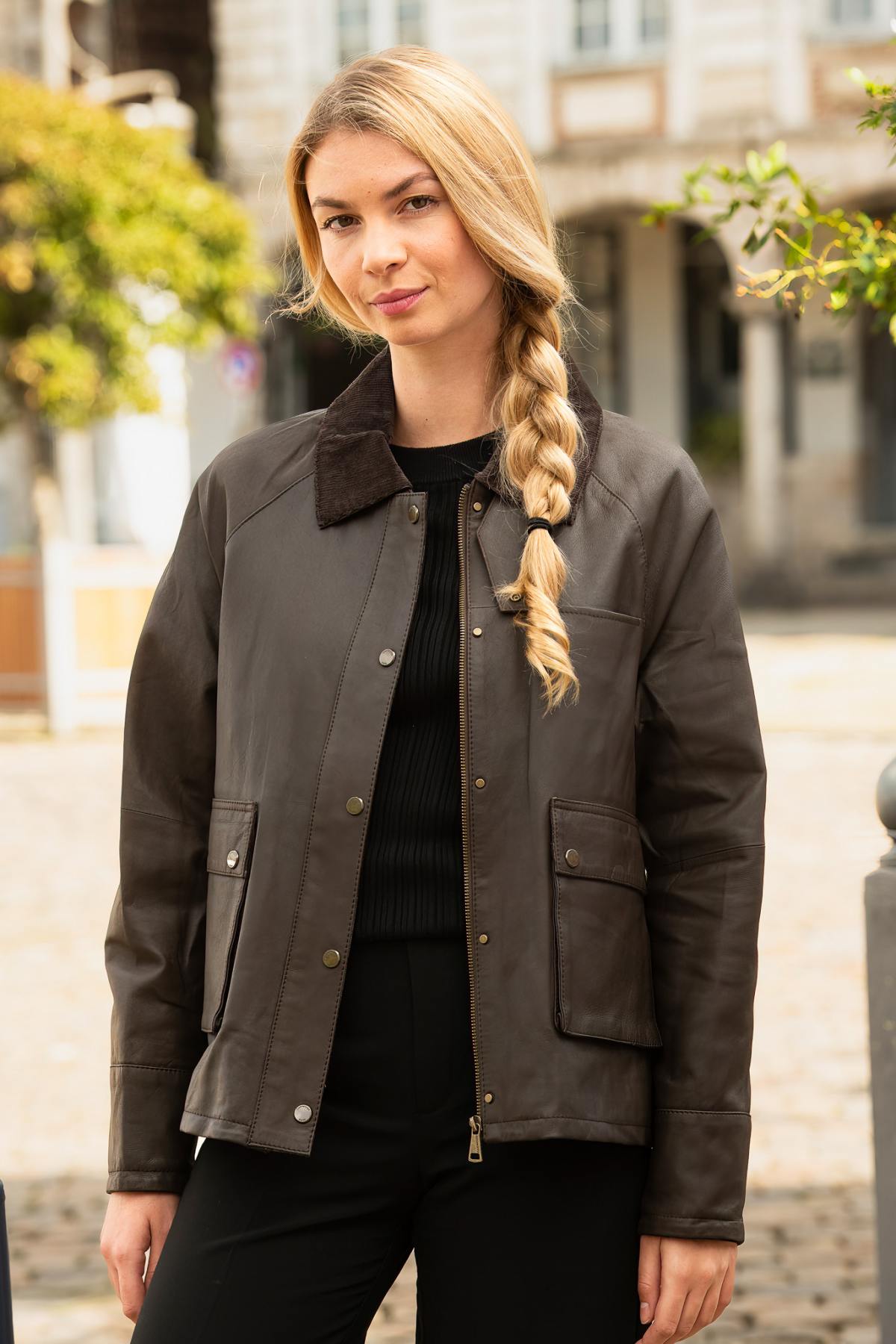 Brown velvet shirt collar leather jacket - Image n°5