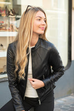 Black leather spencer jacket with textured back panels - Image n°1