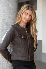Chocolate shearling jacket, slim fit with a zip front and moto collar. - Image n°2