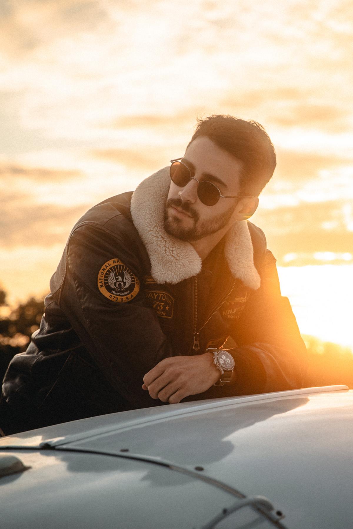 Distressed black leather aviator jacket with patches - Image n°11