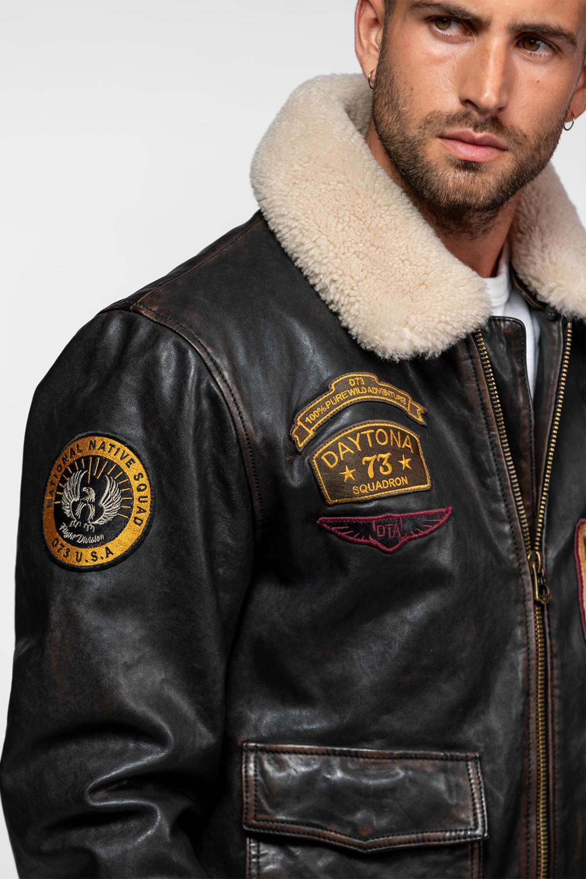 Distressed black leather aviator jacket with patches - Image n°4