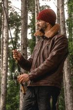 Brown leather aviator jacket with removable shearling collar. - Image n°7