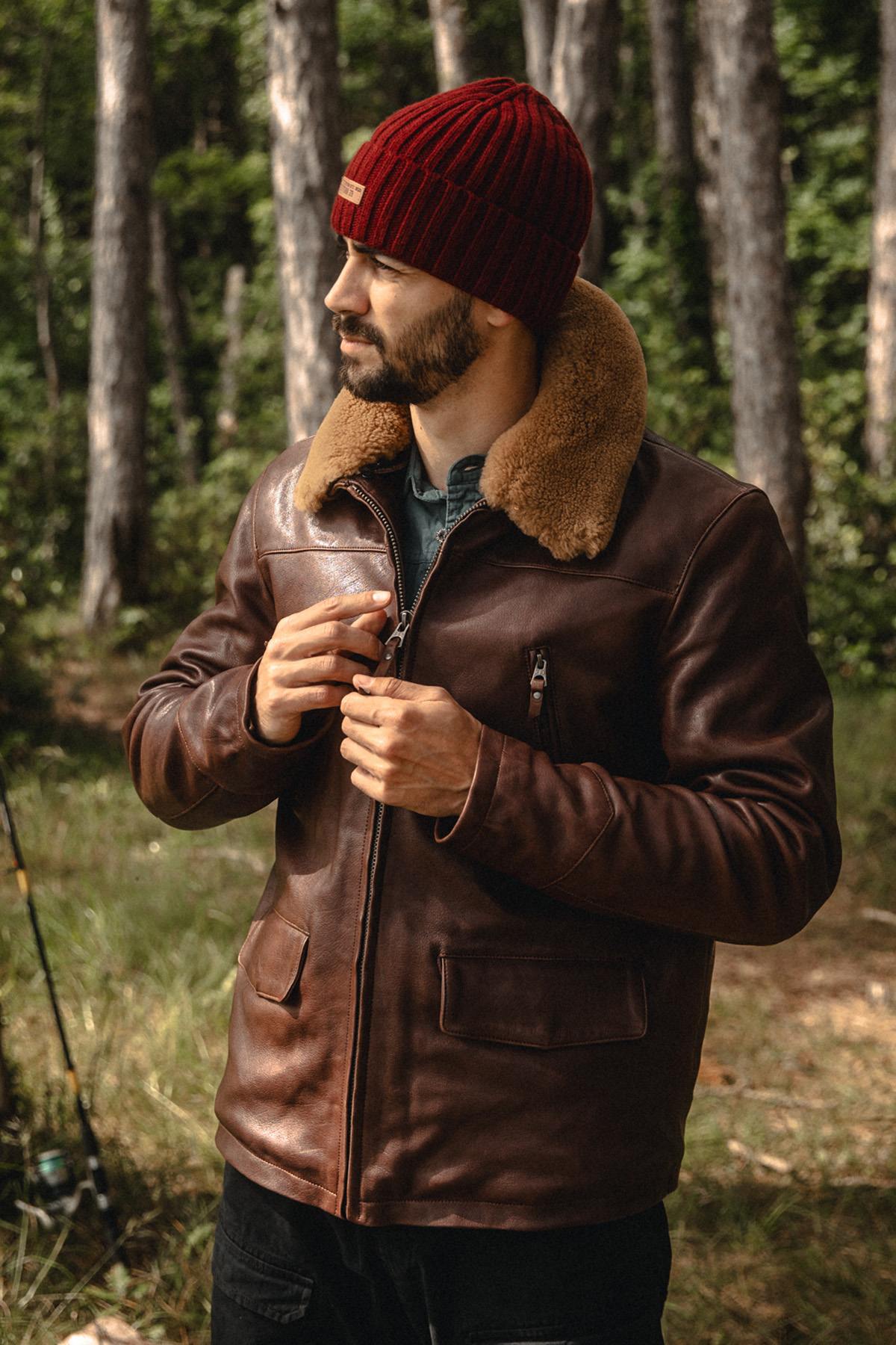 Brown leather aviator jacket with removable shearling collar. - Image n°1
