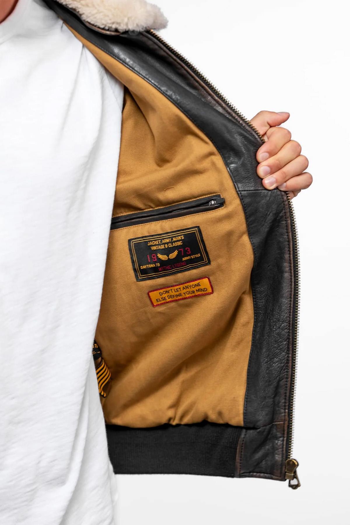 Distressed black leather aviator jacket with patches - Image n°7