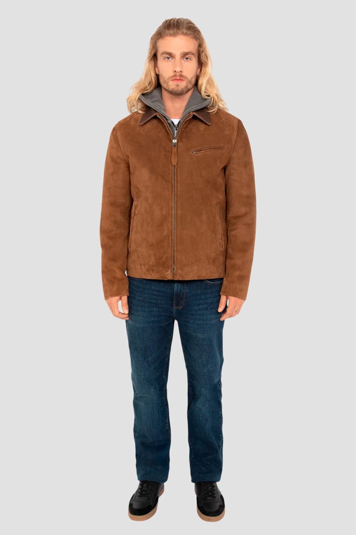 Rust-hued Schott Worker jacket: velvety goatskin suede, regular fit. - Image n°7