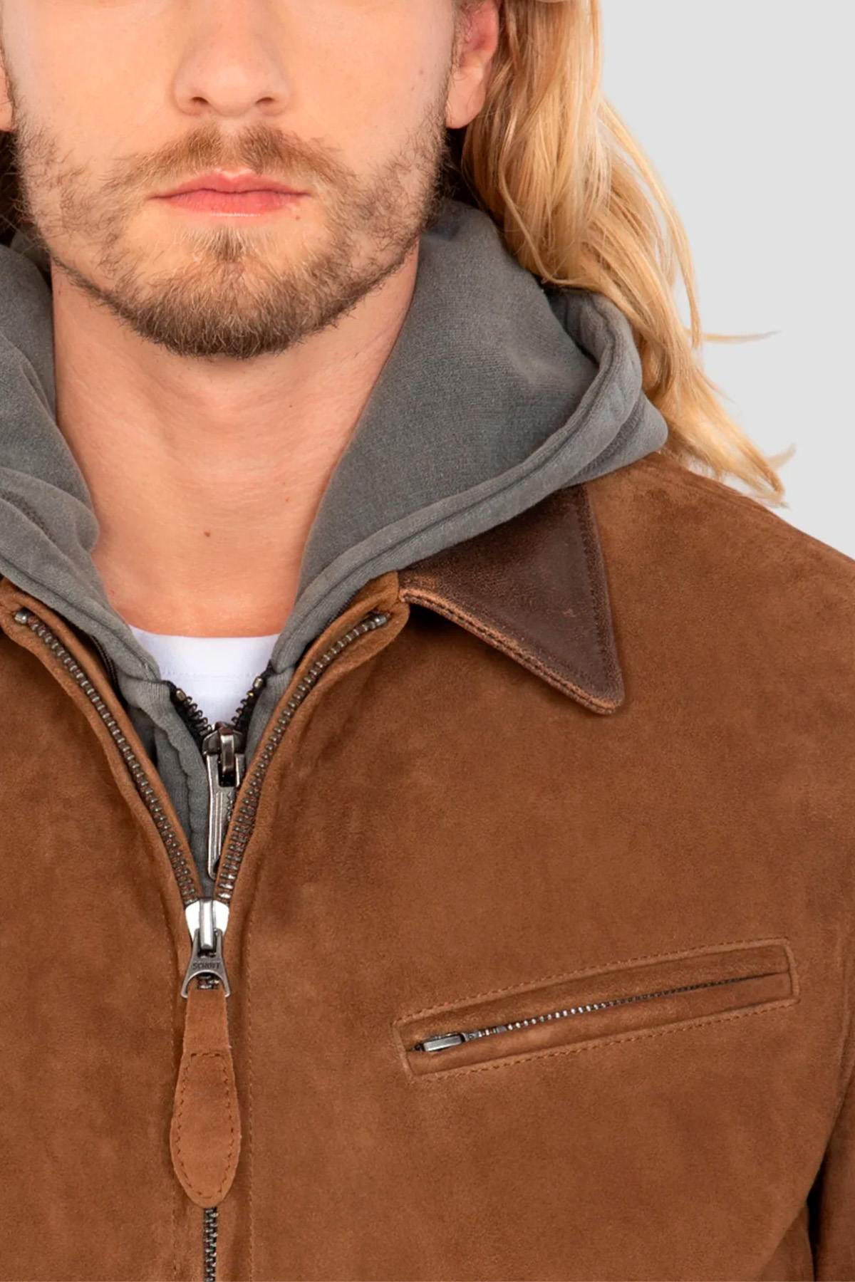 Rust-hued Schott Worker jacket: velvety goatskin suede, regular fit. - Image n°6