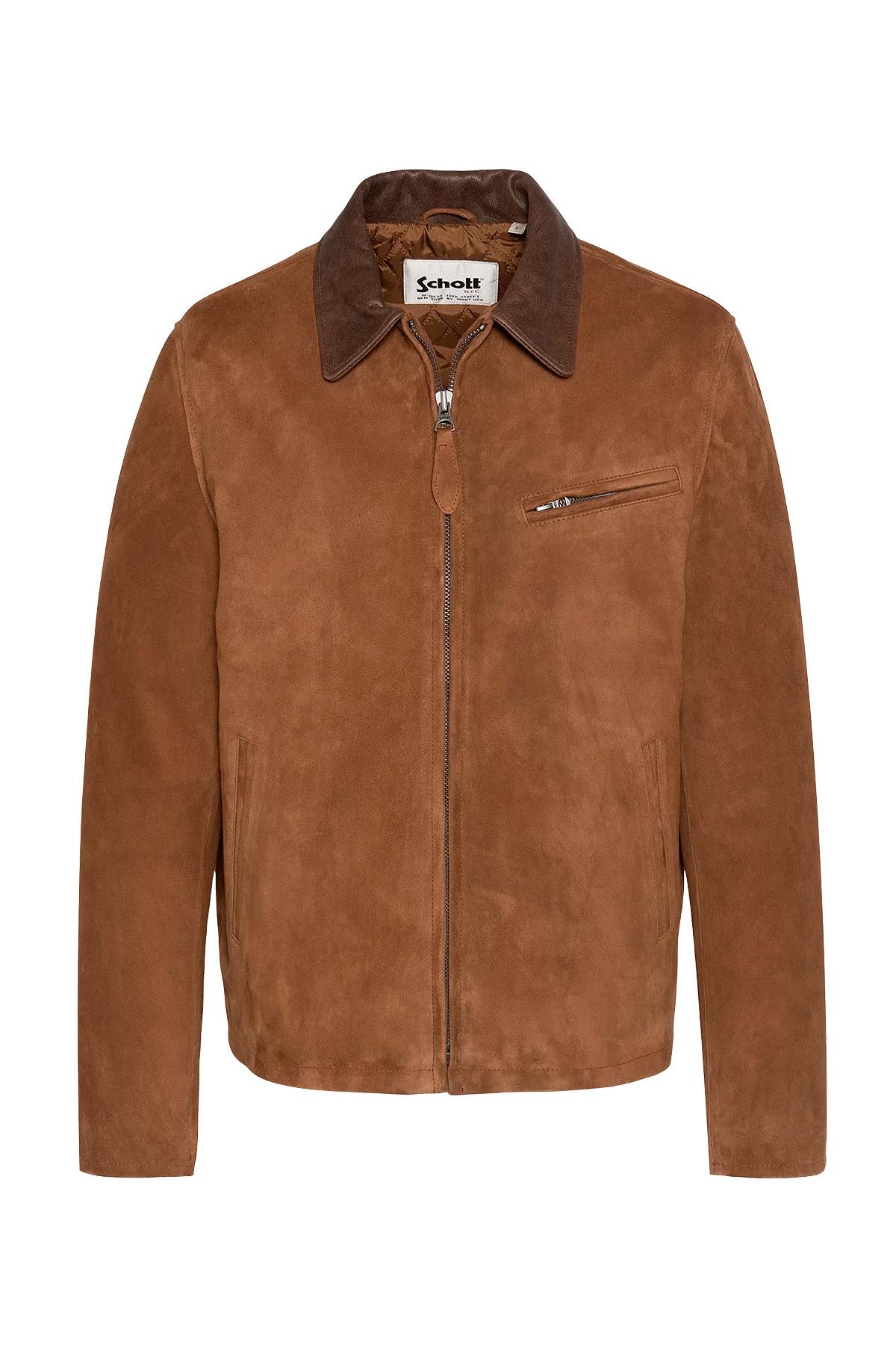 Rust-hued Schott Worker jacket: velvety goatskin suede, regular fit. - Image n°2