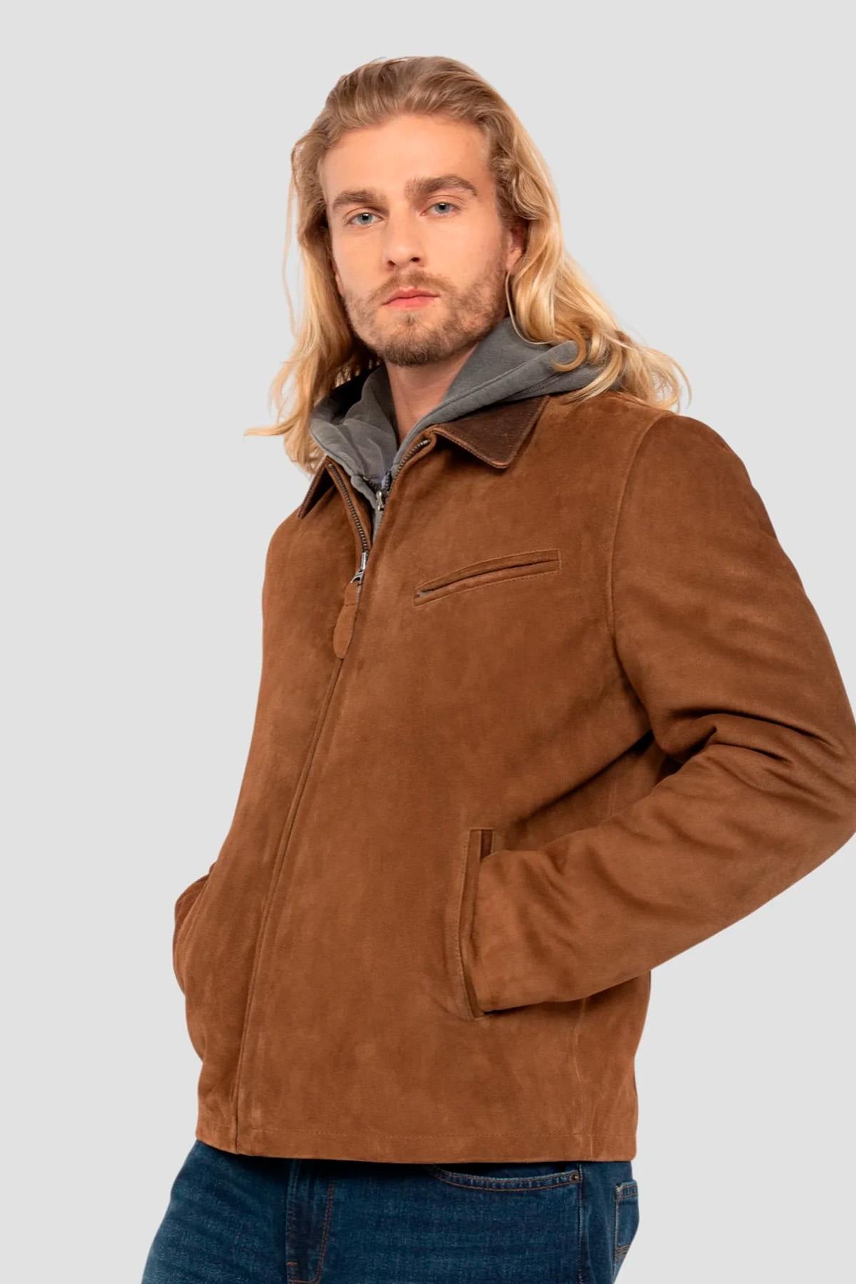 Rust-hued Schott Worker jacket: velvety goatskin suede, regular fit. - Image n°1