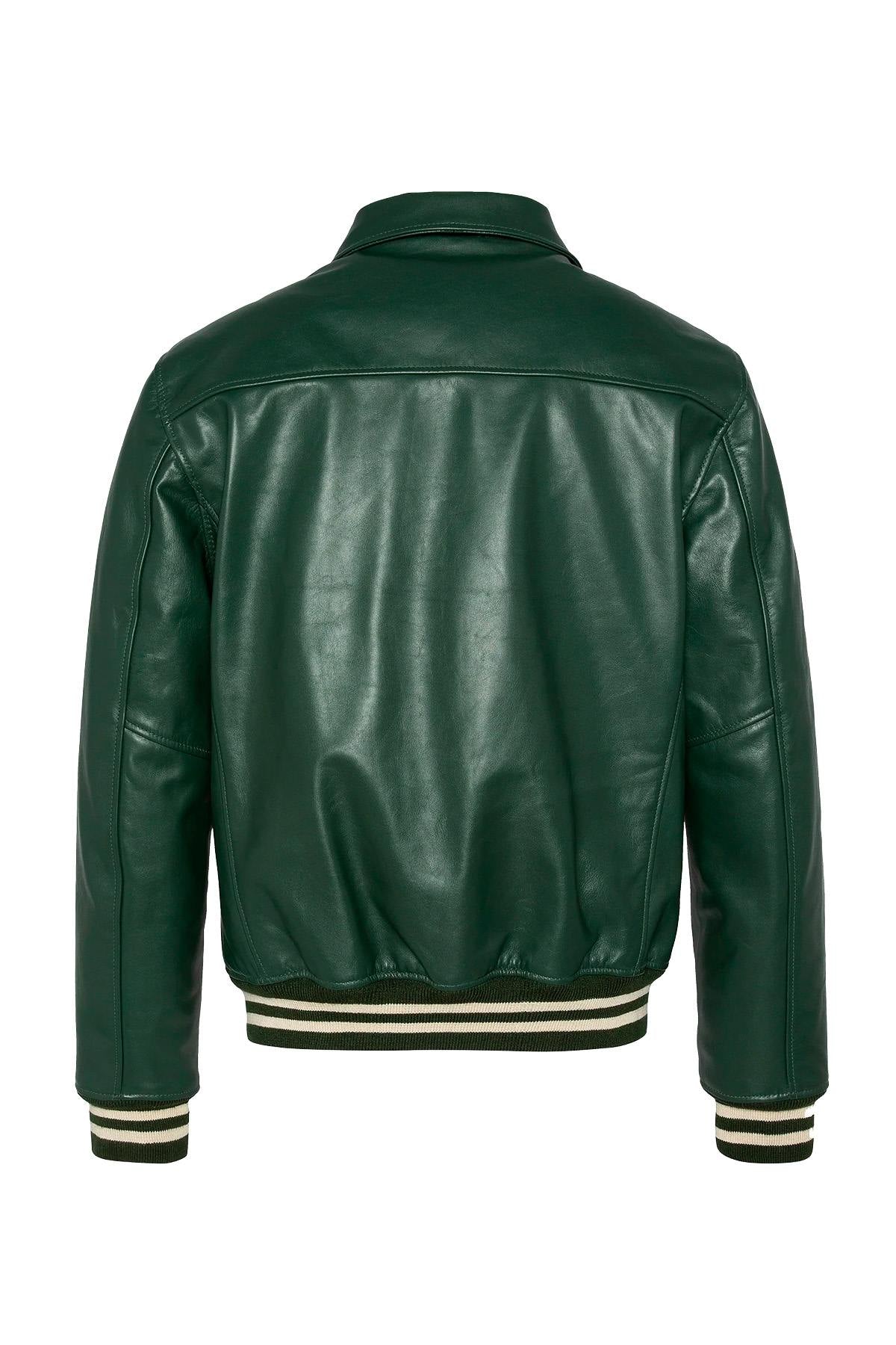 Glossy green cowhide jacket by Schott: ribbed details, teddy cut. - Image n°6
