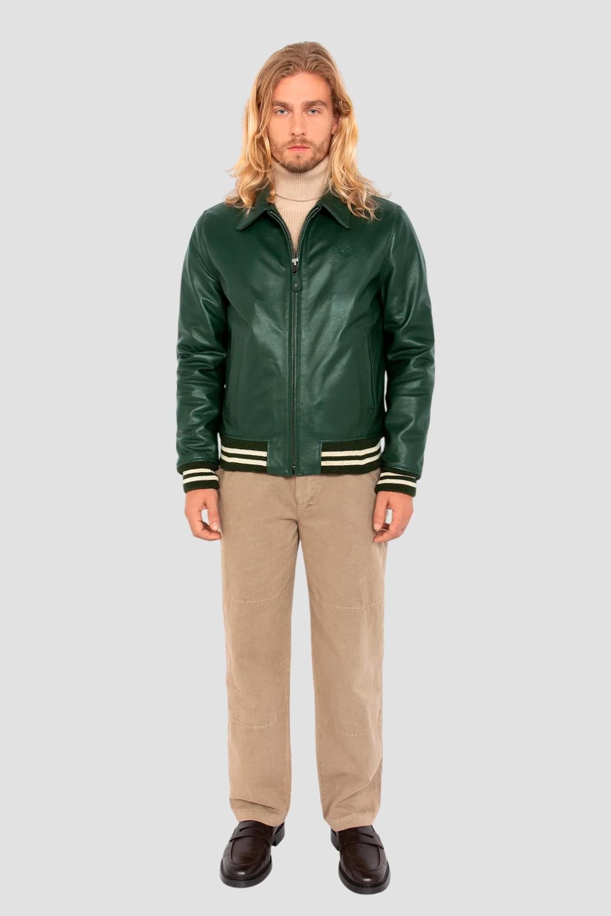Glossy green cowhide jacket by Schott: ribbed details, teddy cut. - Image n°7