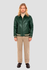 Glossy green cowhide jacket by Schott: ribbed details, teddy cut. - Image n°7