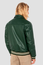 Glossy green cowhide jacket by Schott: ribbed details, teddy cut. - Image n°3