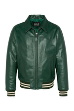 Glossy green cowhide jacket by Schott: ribbed details, teddy cut. - Image n°5