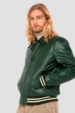 Glossy green cowhide jacket by Schott: ribbed details, teddy cut. - Image n°2
