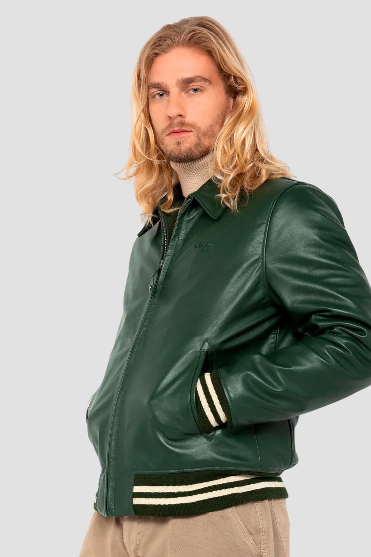 Glossy green cowhide jacket by Schott: ribbed details, teddy cut. - Image n°2