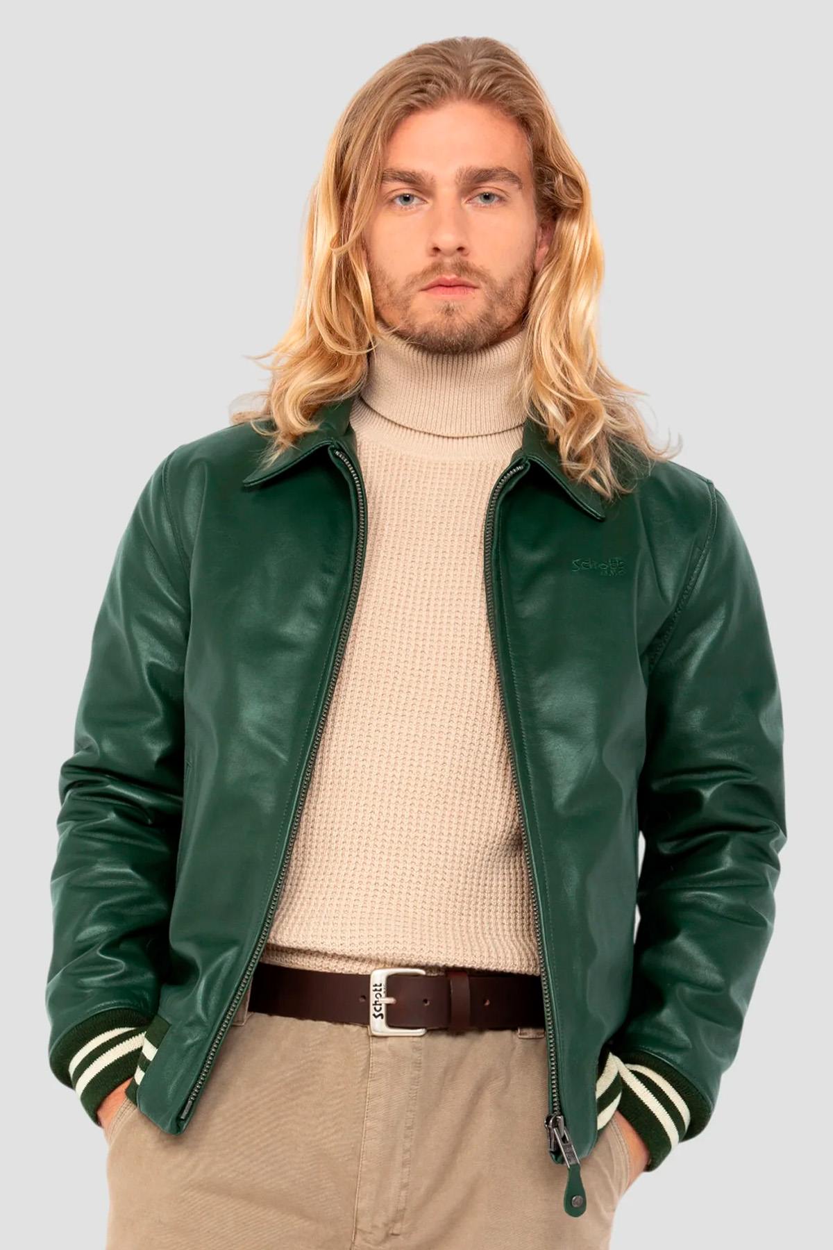 Glossy green cowhide jacket by Schott: ribbed details, teddy cut. - Image n°1