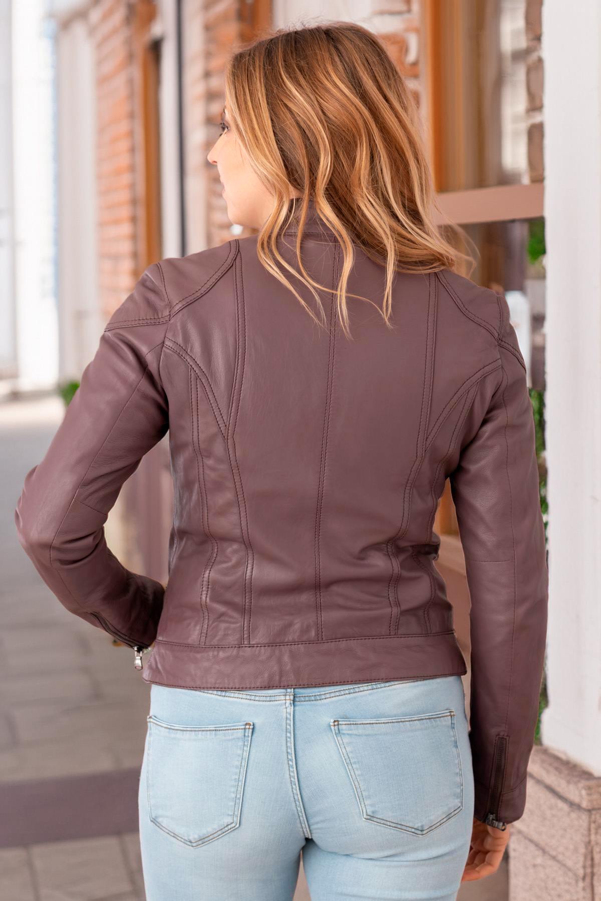 Leather jacket with biker collar for women - Image n°4