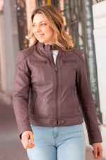 Leather jacket with biker collar for women - Image n°1