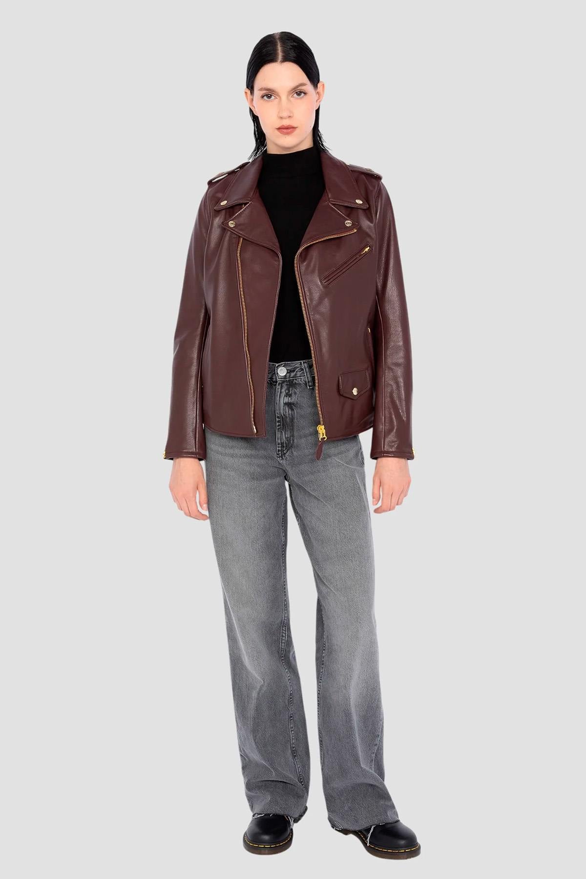 Women’s burgundy leather perfecto - Image n°7