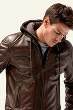 Leather jacket with removable hood in mocha biker collar - Image n°2