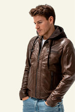 Leather jacket with removable hood in mocha biker collar - Image n°1