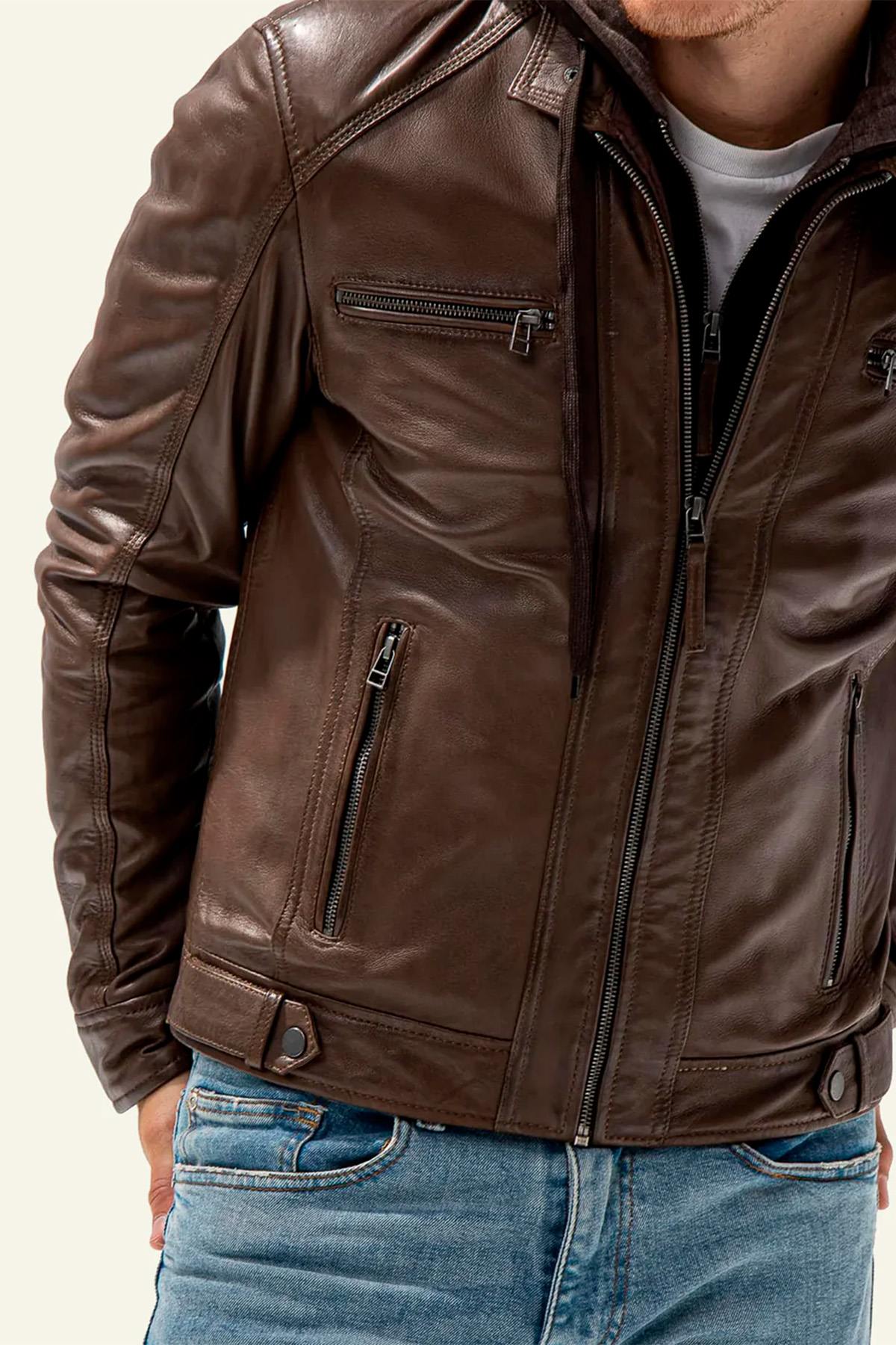 Leather jacket with removable hood in mocha biker collar - Image n°5