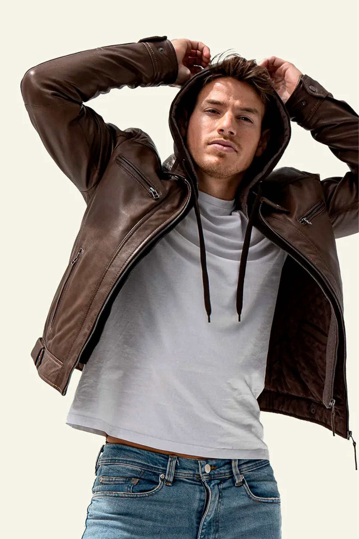 Leather jacket with removable hood in mocha biker collar - Image n°3