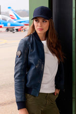 Women's Ocean Blue Leather Bomber Jacket from the Patrouille de France - Image n°1