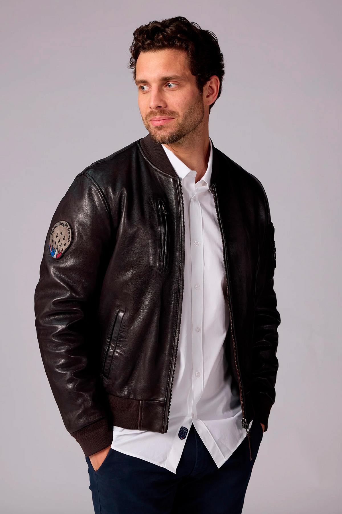 Dark brown leather bomber jacket from the Patrouille de France - Image n°1