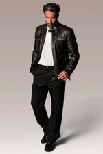 Black leather jacket with quilted shoulders and biker collar - Image n°3